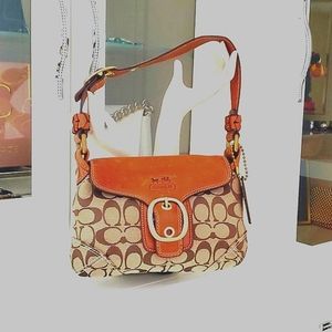 Coach Bleecker Signature Brown Canvas Leather Buckle Flap Closure Handbag Purse